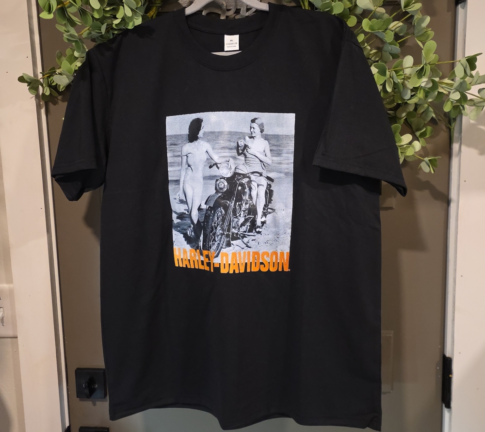 Custom Harley-Davidson Black Graphic Tee with Orange Logo. Plain Back.